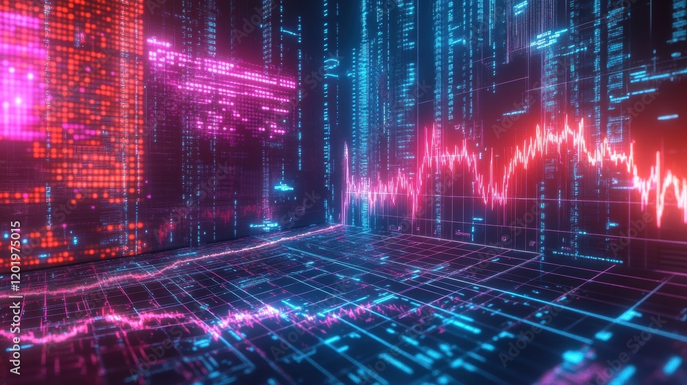 Fototapeta premium Digital cityscape featuring vibrant neon lights illuminating urban buildings at night