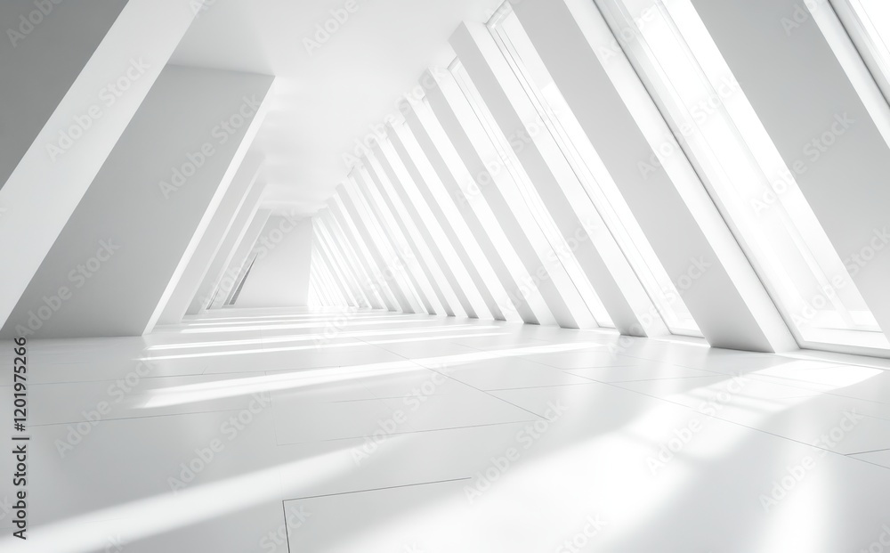 Obraz premium Bright and Modern Interior Space with Angled Windows and Clean Lines, Showcasing Minimalist Design Principles in a Contemporary Architectural Setting