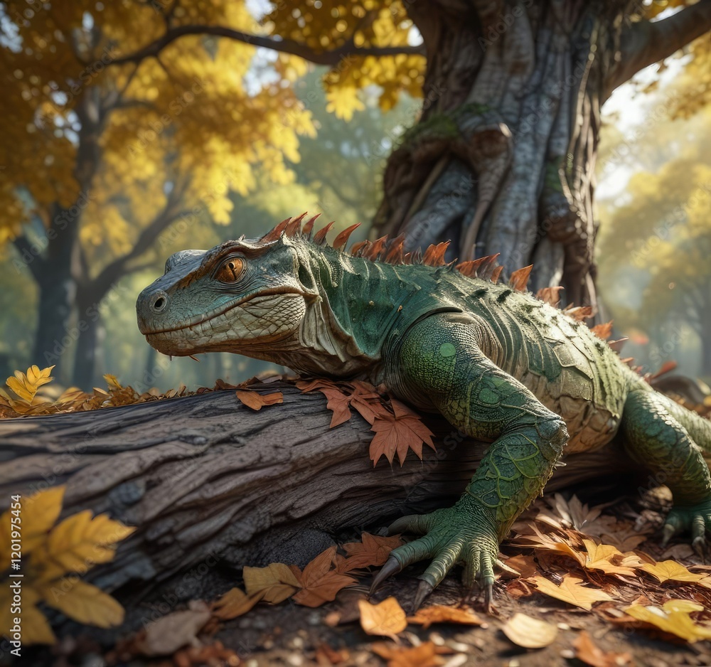 A tree trunk covered in leaves and a reptilian creature resting, animal behavior, outdoor scene A tree trunk covered in leaves and a reptilian creature resting, animal behavior, outdoor scene