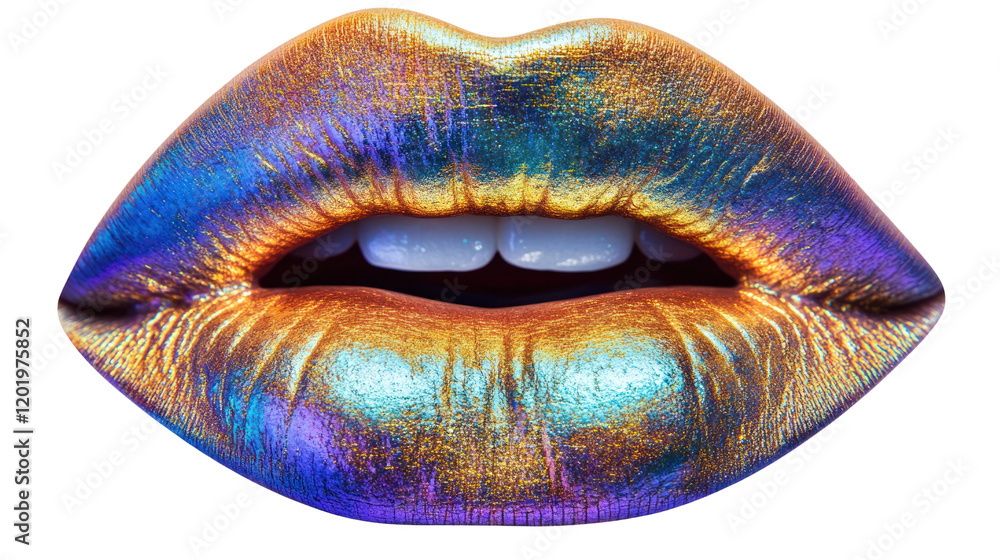 Obraz premium A close-up of vibrant, colorful lips showcasing a stunning metallic sheen. Perfect for beauty, makeup, and fashion-related content.