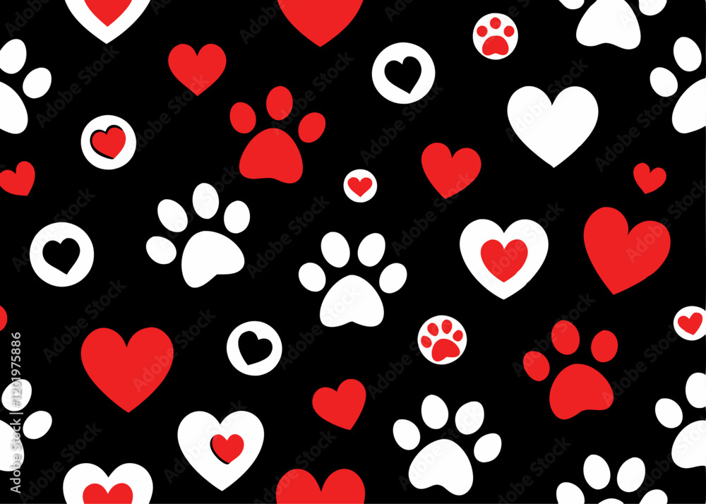 Cute pet pattern with red hearts and white paw prints on a black background Cute pet pattern with red hearts and white paw prints on a black background
