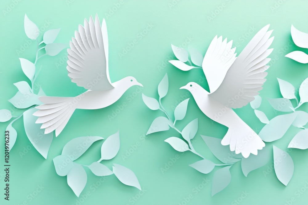Fototapeta premium Elegant Paper Cut Birds in Flight Among Green Leaves on Soft Mint Background Representing Freedom, Nature, and Serenity in Creative Art Composition