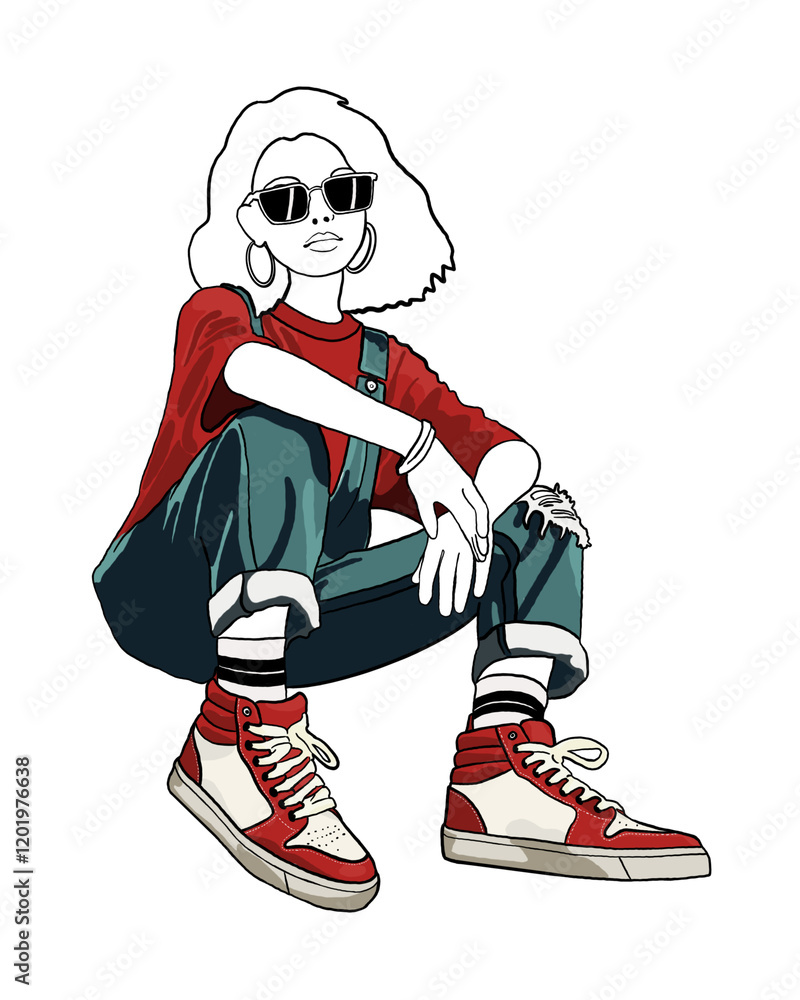 Naklejka premium Cool girl in high top sneakers - in a drawing process