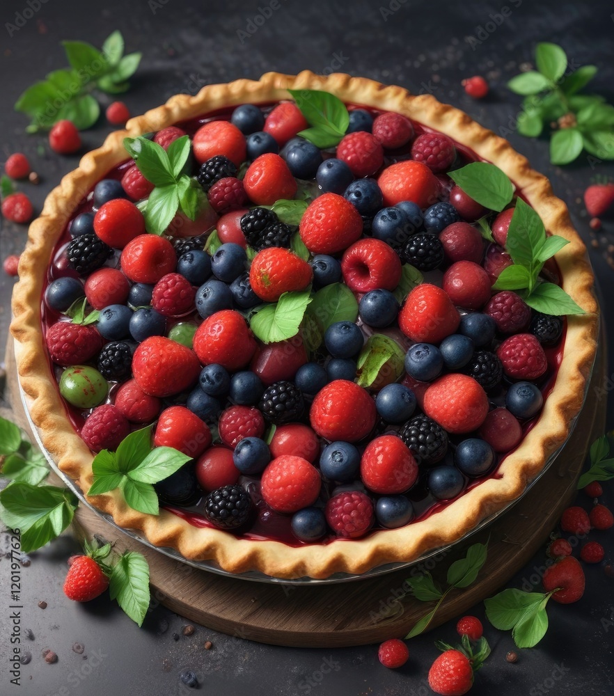 A vibrant pie with a mix of juicy berries and fresh green leaves on top , fruit tart, autumnal dessert, food photography A vibrant pie with a mix of juicy berries and fresh green leaves on top , fruit tart, autumnal dessert, food photography