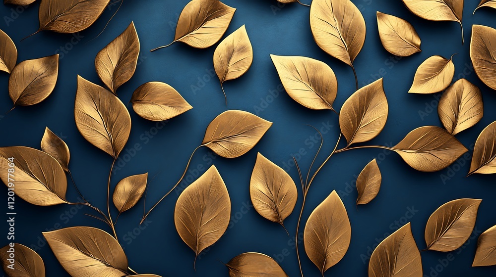 3D render of gold leaves on a dark blue background, seamless pattern 3D render of gold leaves on a dark blue background, seamless pattern