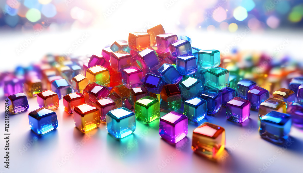 A dazzling collection of multicolored transparent cubes stacked and scattered A dazzling collection of multicolored transparent cubes stacked and scattered