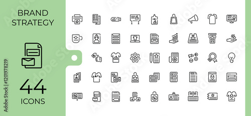 Branding linear icon collection. Includes thin line development, media, web, marketing, quality, loyal, stationery, customer. Collection for mobile and web apps. Editable stroke. Vector illustration.