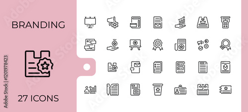 Branding linear icon collection. Includes thin line development, media, web, marketing, quality, loyal, stationery, customer. Collection for mobile and web apps. Editable stroke. Vector illustration.