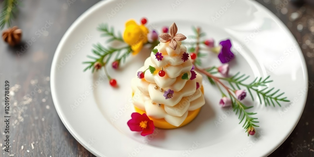 A miniature Christmas tree-shaped cheese canap? garnished with edible flowers on a white plate, Delicate design, Christmas trees, Tiny Christmas tree A miniature Christmas tree-shaped cheese canap? garnished with edible flowers on a white plate, Delicate design, Christmas trees, Tiny Christmas tree