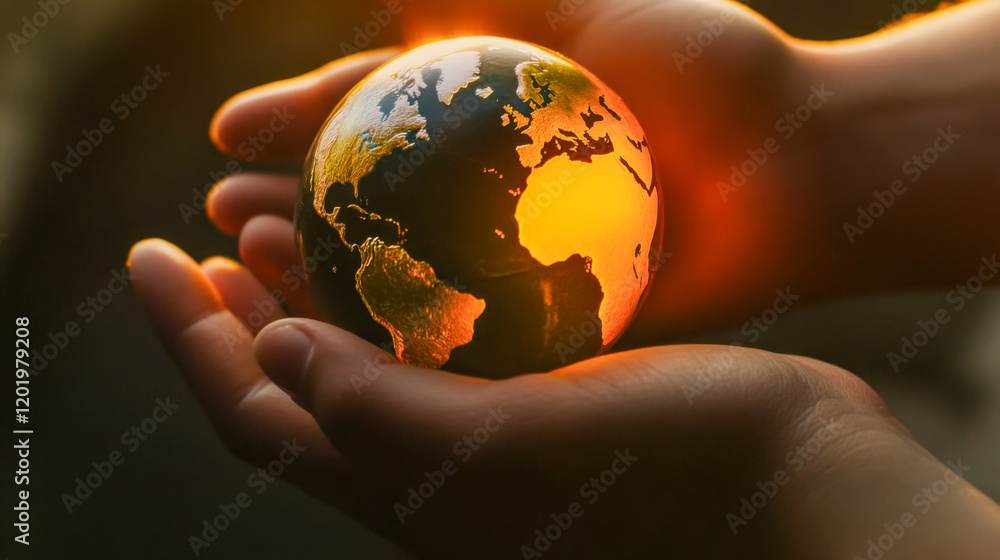 Fototapeta premium Human hands holding planet Earth illuminated by sunlight