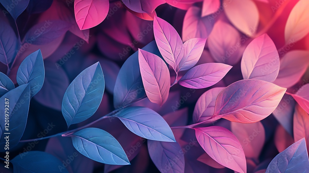 3D render of leaves in pink, blue, and purple colors on the background, seamless pattern. 3D render of leaves in pink, blue, and purple colors on the background, seamless pattern.