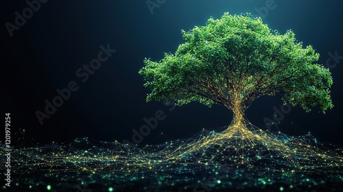 Luminous tree with interconnected roots, glowing particles.