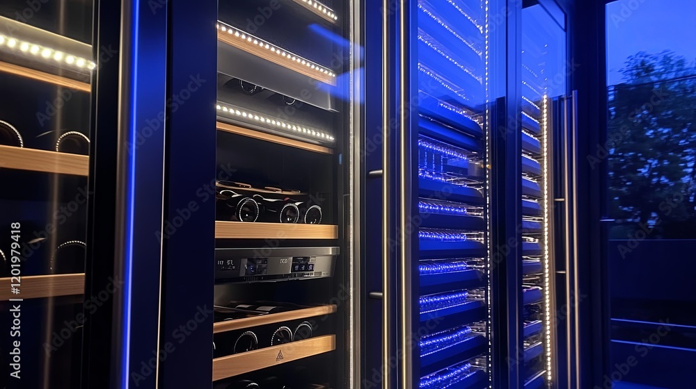 A modern wine cellar with temperature-controlled glass doors and LED lighting A modern wine cellar with temperature-controlled glass doors and LED lighting