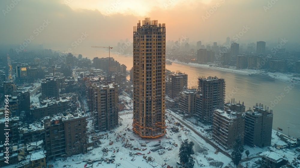 Fototapeta premium A New Skyscraper Rises Amidst Snowy City Ruins