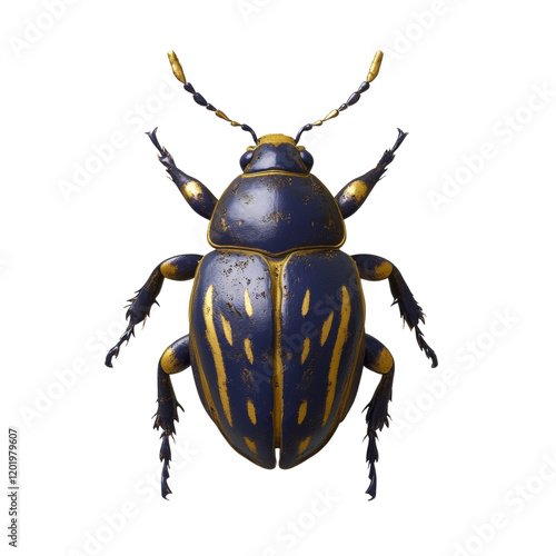 The image shows a detailed close-up view of a stylized beetle with a dark blue body and gold accents. photo