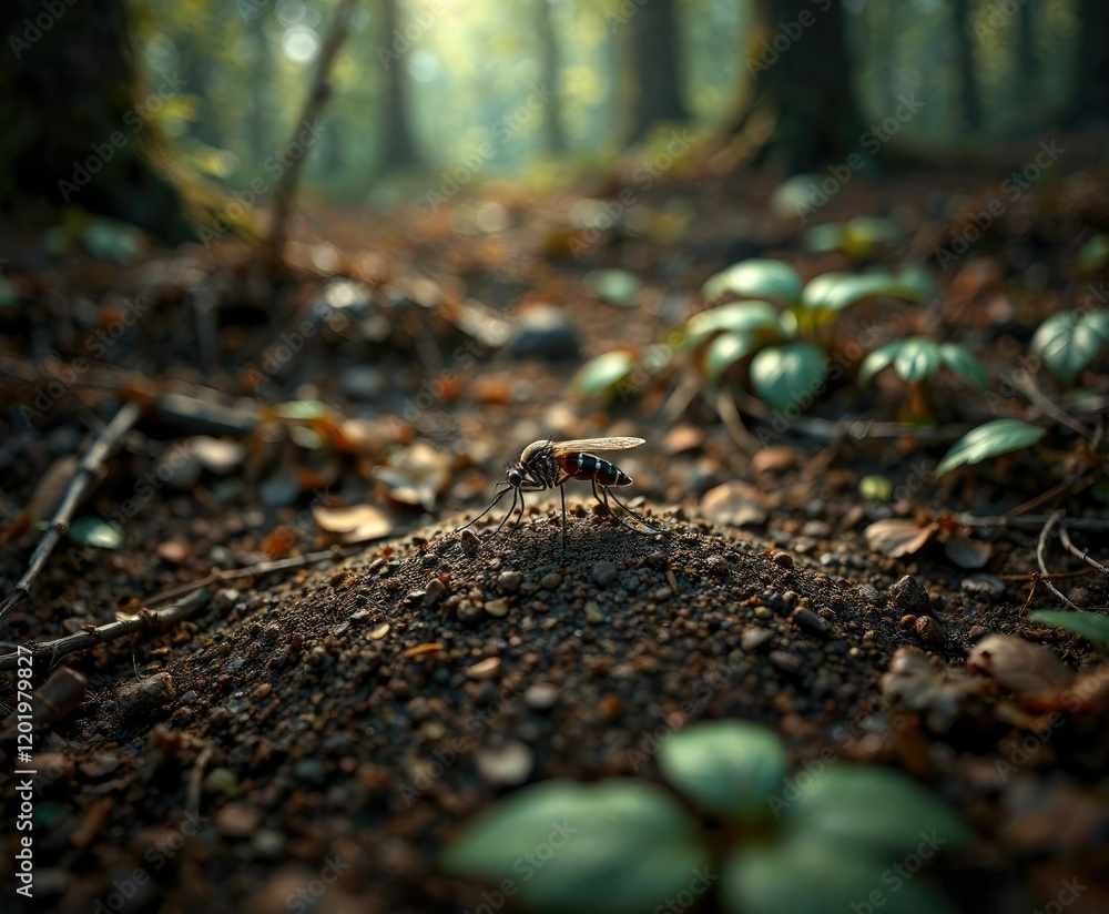 A mosquito settles on a patch of soil on a forest floor with a brown undergrowth, insects in nature, soil fall, entomology A mosquito settles on a patch of soil on a forest floor with a brown undergrowth, insects in nature, soil fall, entomology