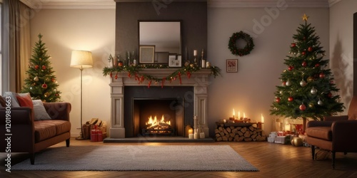 Wallpaper Mural A warm and inviting living room with a fireplace and Christmas decorations, soft lighting, fire pit Torontodigital.ca