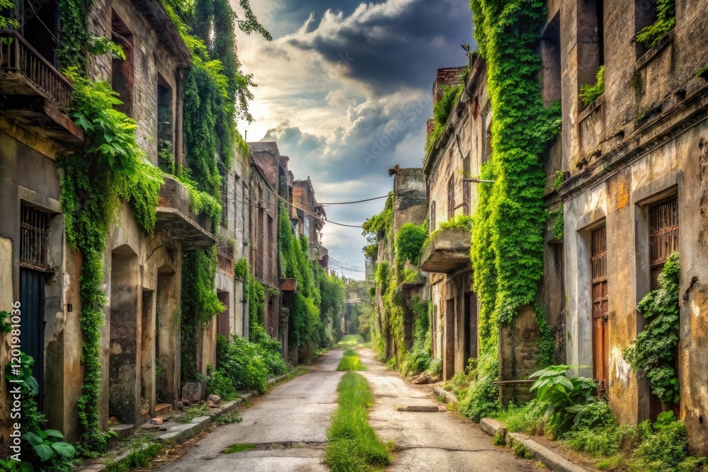 Abandoned city street with crumbling buildings and overgrown vegetation, urban landscape, post-apocalyptic scene, decay, ruin Abandoned city street with crumbling buildings and overgrown vegetation, urban landscape, post-apocalyptic scene, decay, ruin