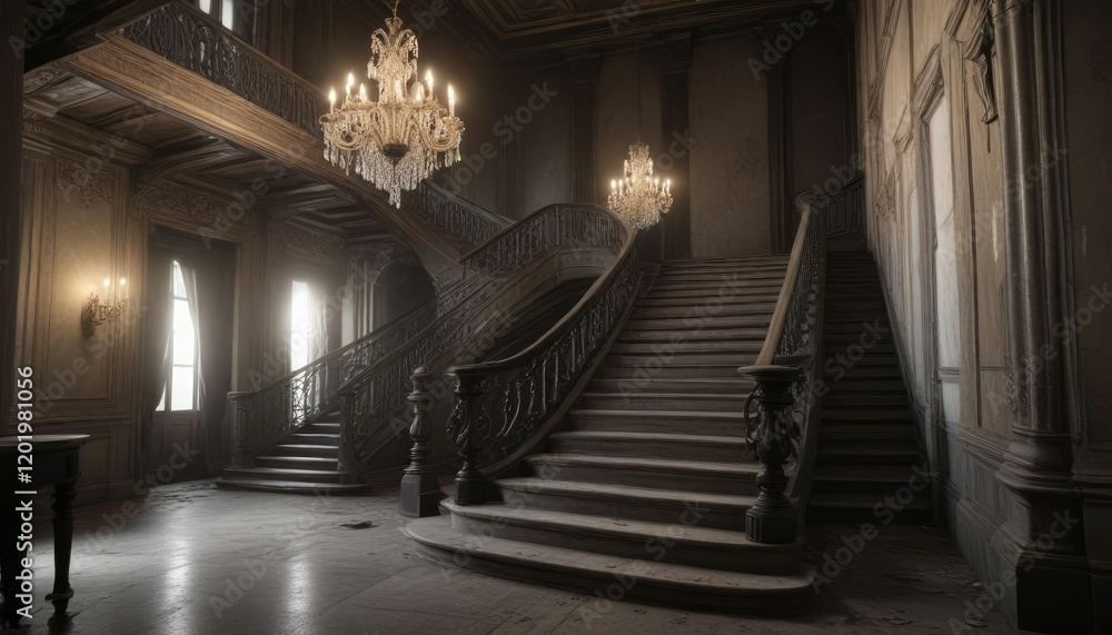 Fototapeta premium Abandoned grand staircase with faded chandeliers , dusty decor, worn stone steps, ornate details
