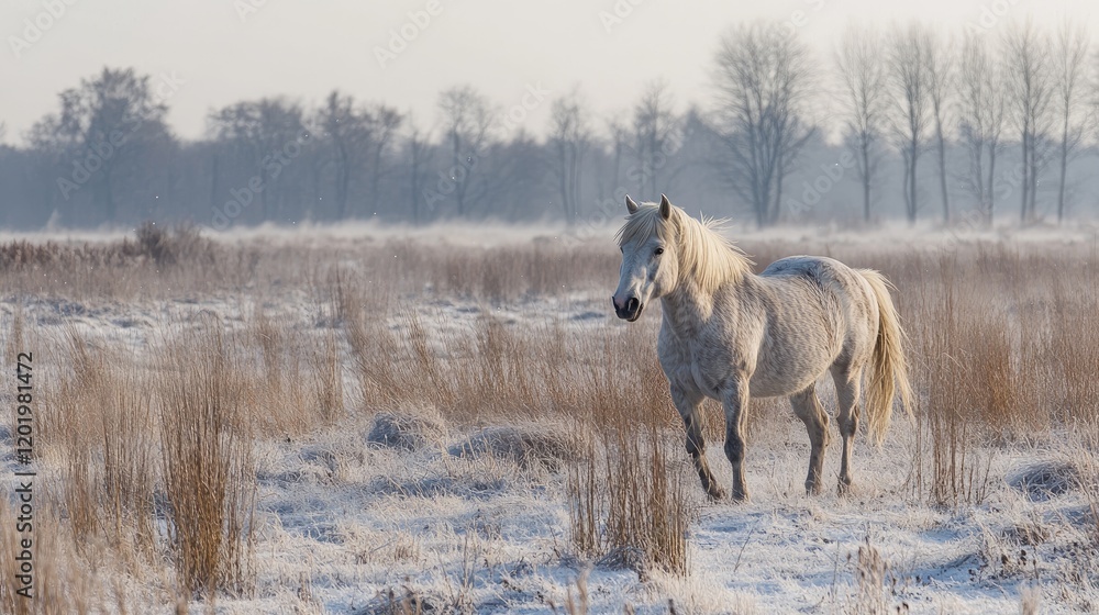 White horse winter field sunrise landscape, nature photography White horse winter field sunrise landscape, nature photography