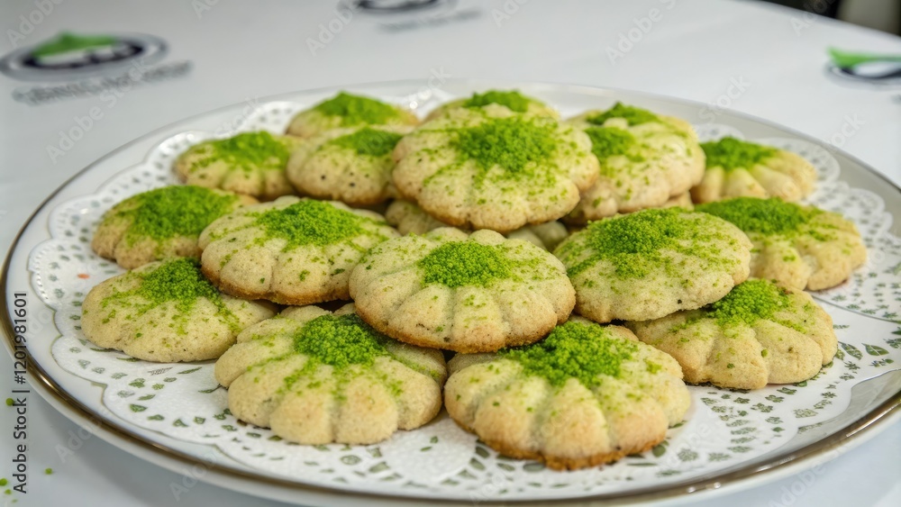 A plate of cookies arranged in a decorative pattern with a sprinkle of bright green powder on top, cake decorating, snacks, food styling, cookies