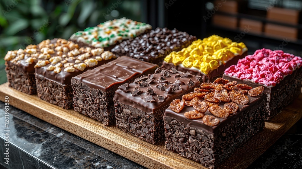 Assorted Chocolate Squares Topped With Various Sweet Treats Assorted Chocolate Squares Topped With Various Sweet Treats