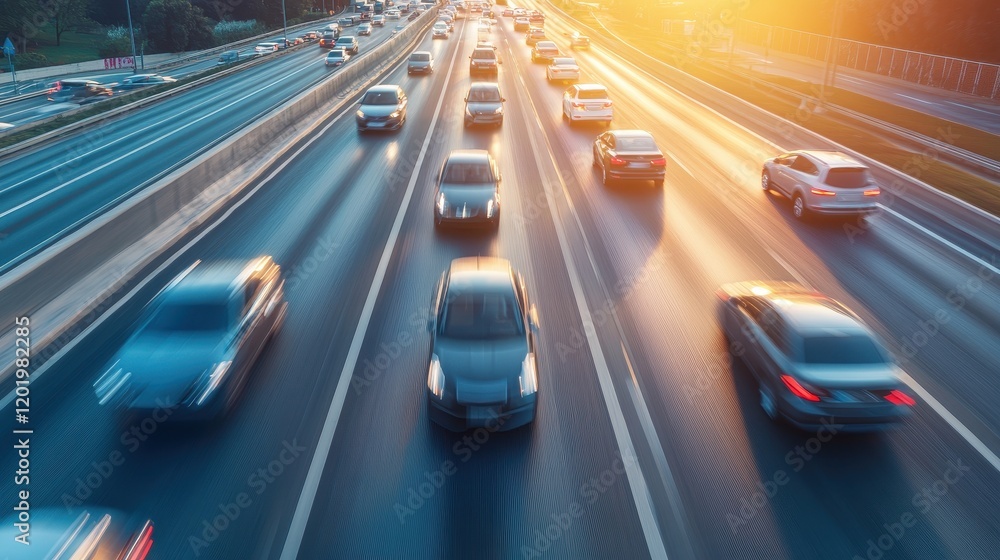 An urban scene with cars speeding on an asphalt road during rush hour, capturing city transport and the impact of vehicles on modern infrastructure and fuel consumption An urban scene with cars speeding on an asphalt road during rush hour, capturing city transport and the impact of vehicles on modern infrastructure and fuel consumption
