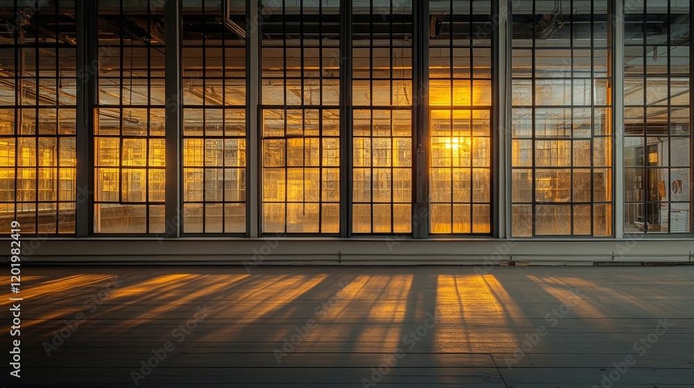 Golden Sunset Illuminates Industrial Factory Windows Golden Sunset Illuminates Industrial Factory Windows