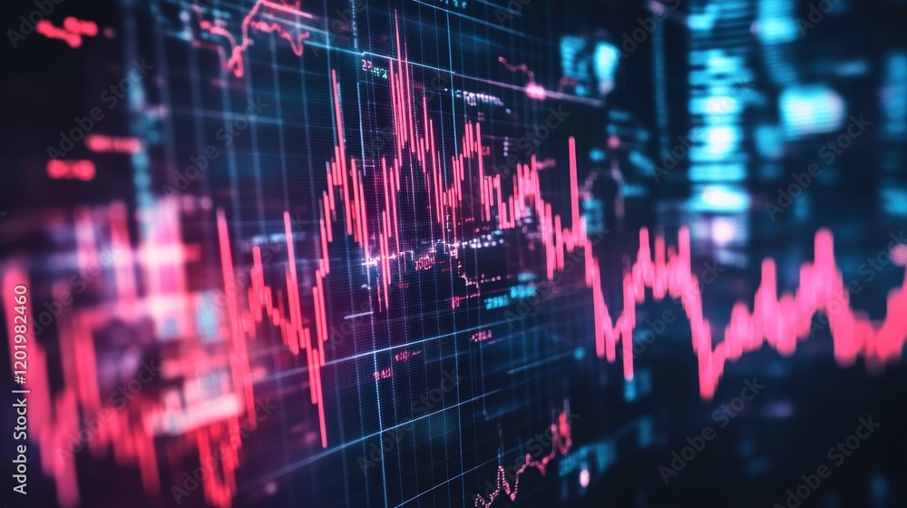 Stock market chart with red and blue lights displaying financial trends and data analysis Stock market chart with red and blue lights displaying financial trends and data analysis