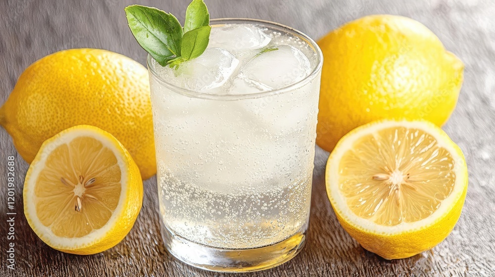 Refreshing lemon water drink with ice, lemons, and leaves on wooden table Refreshing lemon water drink with ice, lemons, and leaves on wooden table