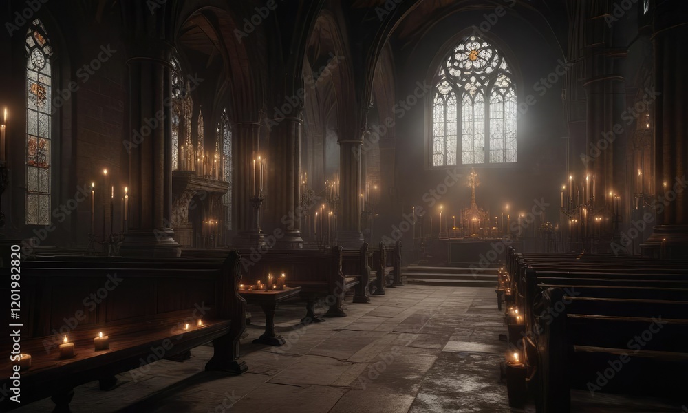 Obraz premium A quiet moment of reflection in a darkened church with candles and incense, peaceful atmosphere, candlelight, contemplative mood