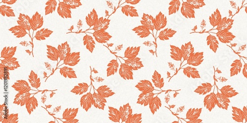 Peach fuzz botanical leaf foliage texture border two tone linen fabric effect. Soft fresh modern woodland cottagecore design, banner and on trend repeat tile ribbon. 