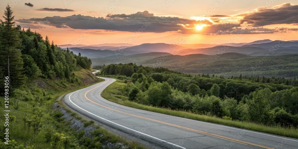 Fototapeta premium A winding asphalt road stretches through a serene landscape of vast green woods and rolling hills as the sun sets behind them, highway, wide track