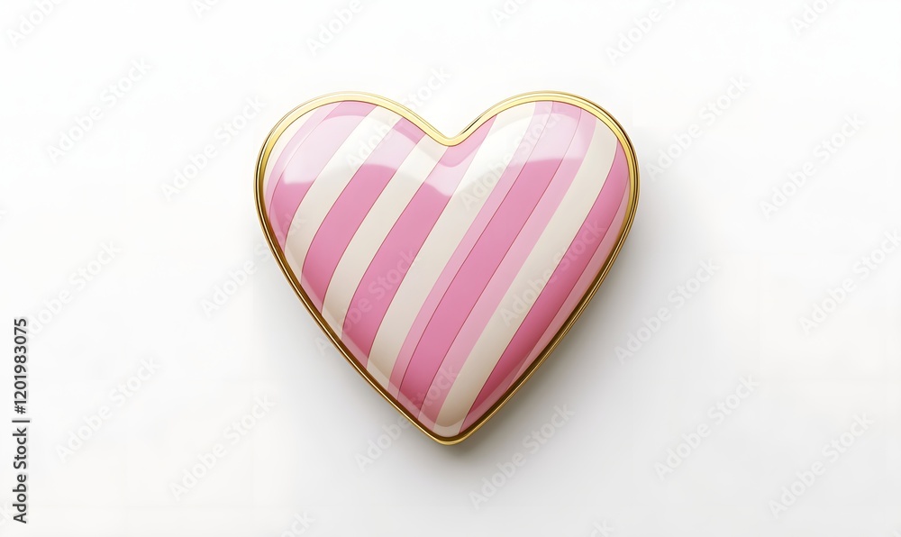 Fototapeta premium Pink and white striped heart with gold trim on white background.