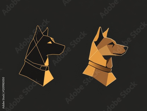 Minimalist polygonal dog logo with geometric shapes, negative space contour, and a bold gold collar contrasted by brown, perfect for modern branding and digital design.