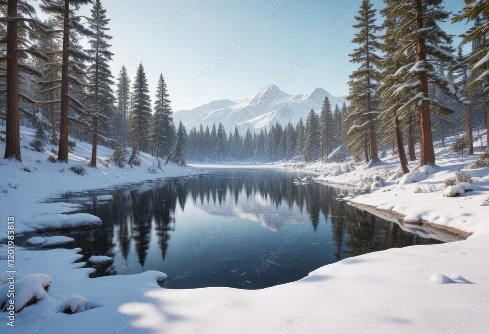 A winter wonderland scene with snow-covered pine trees and a frozen lake in the background, winter landscape, frozen lake, frosty air A winter wonderland scene with snow-covered pine trees and a frozen lake in the background, winter landscape, frozen lake, frosty air
