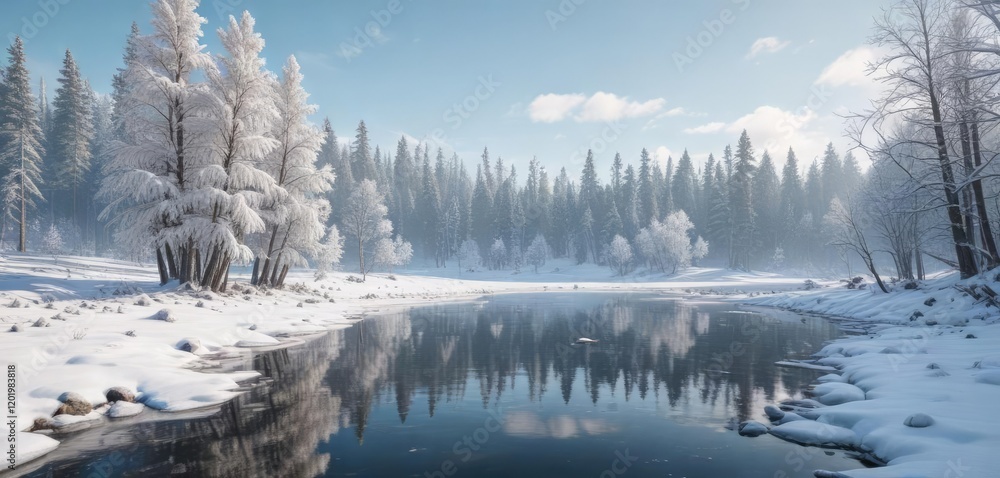 A winter scene with a frozen lake and snow-covered trees in the background, cold weather landscapes, frozen wetlands, frozen lakes A winter scene with a frozen lake and snow-covered trees in the background, cold weather landscapes, frozen wetlands, frozen lakes