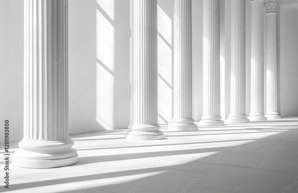 Elegant and Minimalistic Interior with White Columns Casting Shadows, Showcasing Architectural Beauty in a Bright and Serene Space Elegant and Minimalistic Interior with White Columns Casting Shadows, Showcasing Architectural Beauty in a Bright and Serene Space