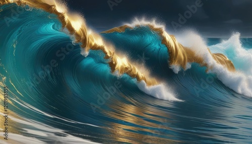 Abstract ocean wave art with gold and blue hues, nature, abstract photo