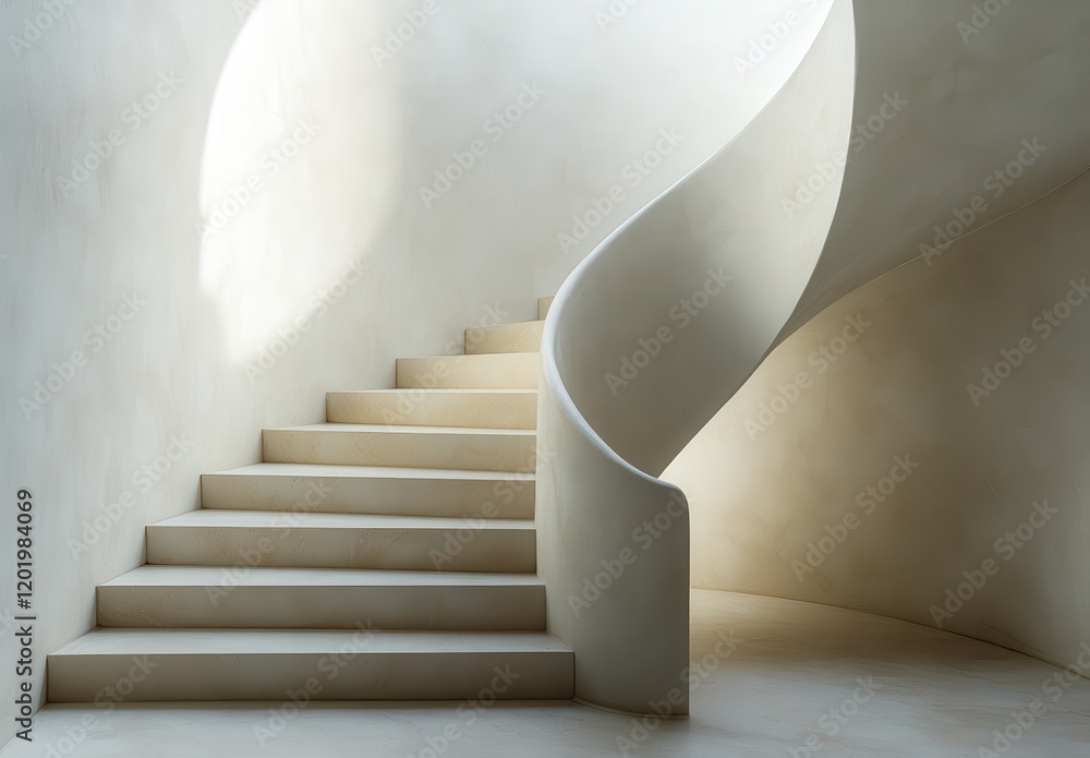 Naklejka premium Elegant and Modern Staircase Curving Gracefully in Soft Light with Subtle Shadows in Minimalist Interior Design Setting