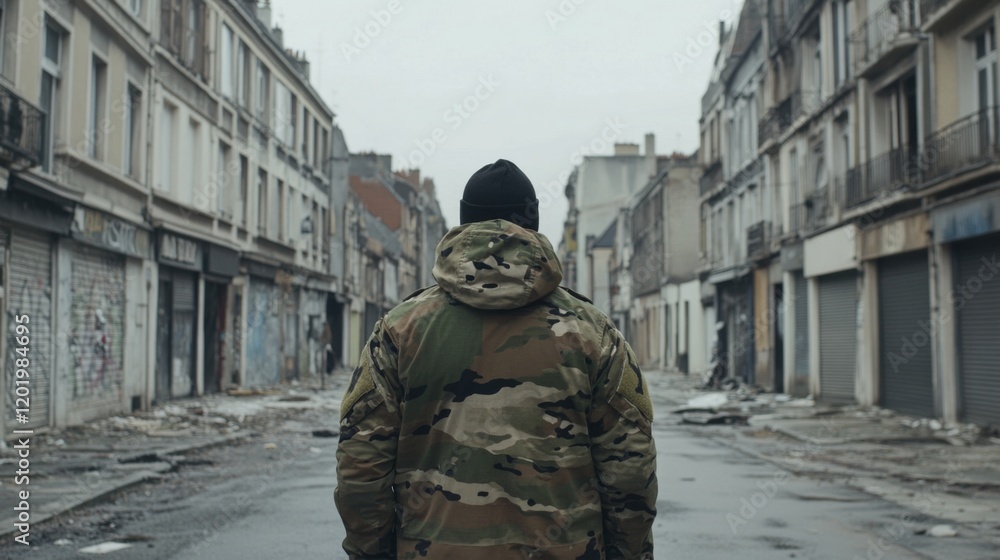Obraz premium A Military officer in uniform standing solemnly on deserted city street, symbolizing martial law and order in urban environment. 