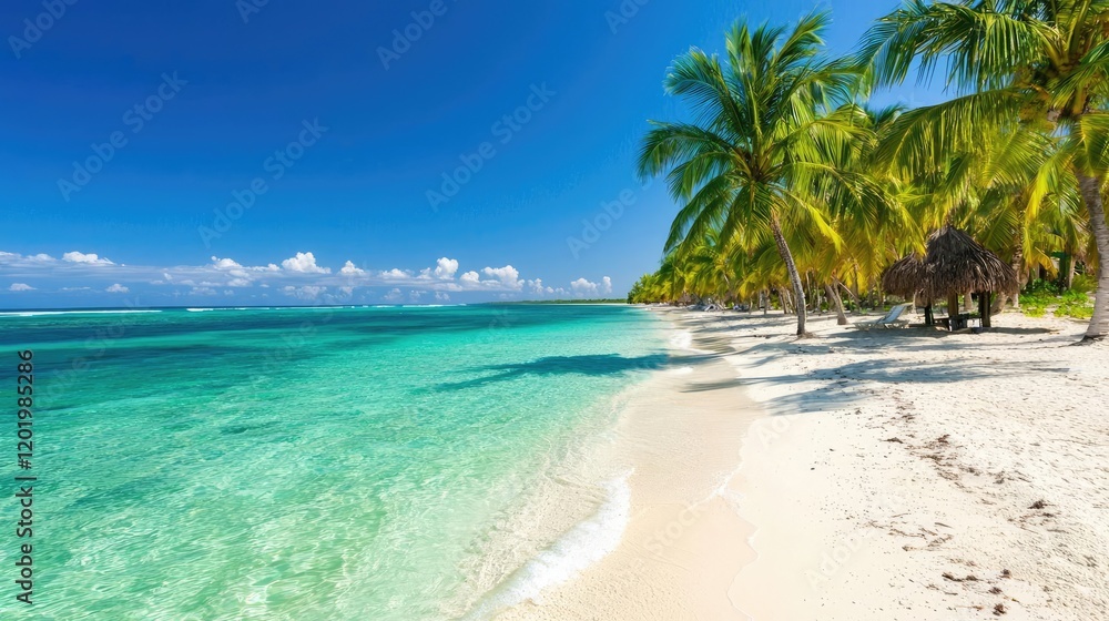 Tropical beach paradise palm trees, turquoise water, white sand, sunny sky; ideal for travel brochures Tropical beach paradise palm trees, turquoise water, white sand, sunny sky; ideal for travel brochures