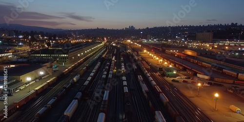 Aerial view of a bustling freight yard illuminated at dusk, showcasing train cars and industrial activity.