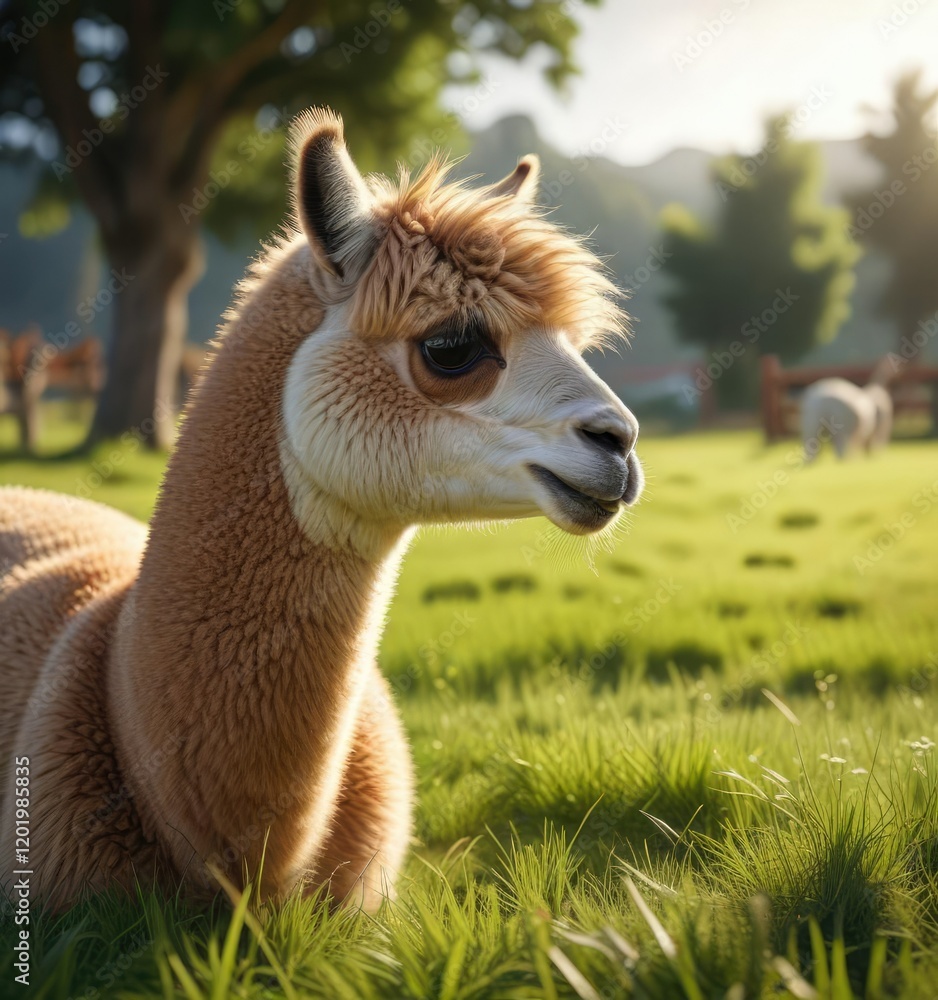 Obraz premium Adorable alpaca munching on grass in a peaceful countryside setting, nature, countryside