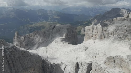 Drone footage of Sentiero Alfredo Benini near Castelletto Superiore and Bocca di Tuckett in the Brenta Dolomites, highlighting rugged limestone cliffs, exposed ridges, and breathtaking alpine scenery  photo