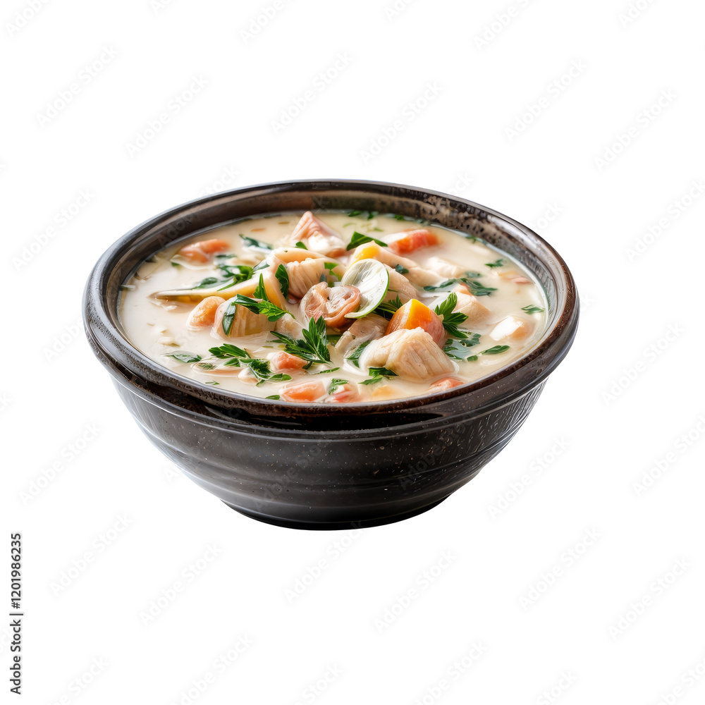 Creamy Chicken and Vegetable Soup: A hearty and delicious bowl of creamy chicken and vegetable soup, garnished with fresh parsley. Perfect for a cozy meal. Creamy Chicken and Vegetable Soup: A hearty and delicious bowl of creamy chicken and vegetable soup, garnished with fresh parsley. Perfect for a cozy meal.