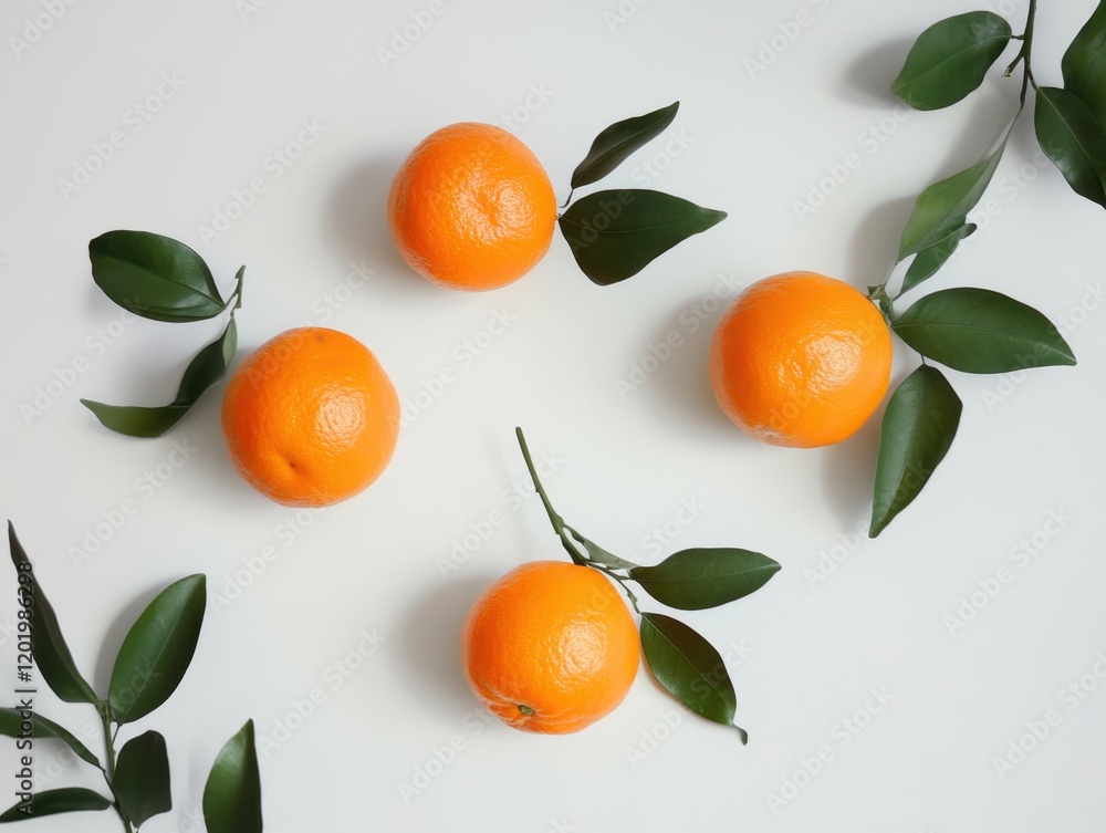 Four oranges are on a white background with green leaves Four oranges are on a white background with green leaves