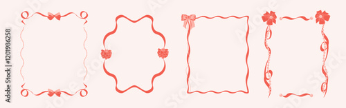 Romantic freehand drawing frames with bows and pearls. Pink Bows, pearl beads, ribbons. Elegant Coquette template for greeting cards, weddings, birthdays, invitations. A place to copy.