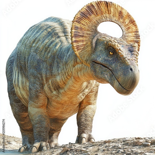 Prehistoric Creature Grazing Amidst Rocky Terrain Under a Clear Sky. photo