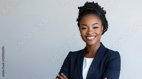 Professional woman in a tailored navy blue blazer, confidently smiling against a clean white background, embodying leadership and elegance in a corporate headshot